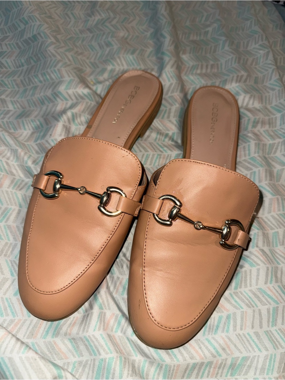 BCBGeneration Nude Tan Leather Backless Loafers with Gold Bit